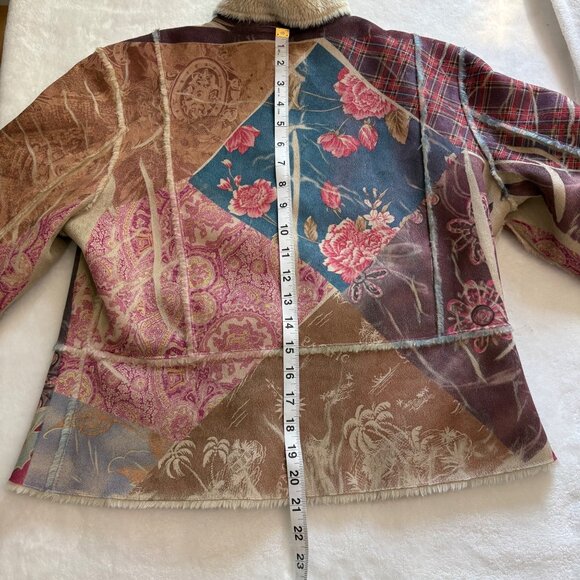 Patchwork Womens Jacket With Faux Shearling Collar & Button Closure Size Small - Picture 11 of 12